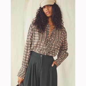 Free People FP One Plaid Miles Tuxedo Shirt Tunic Top Buttondown Ruffle S 278896